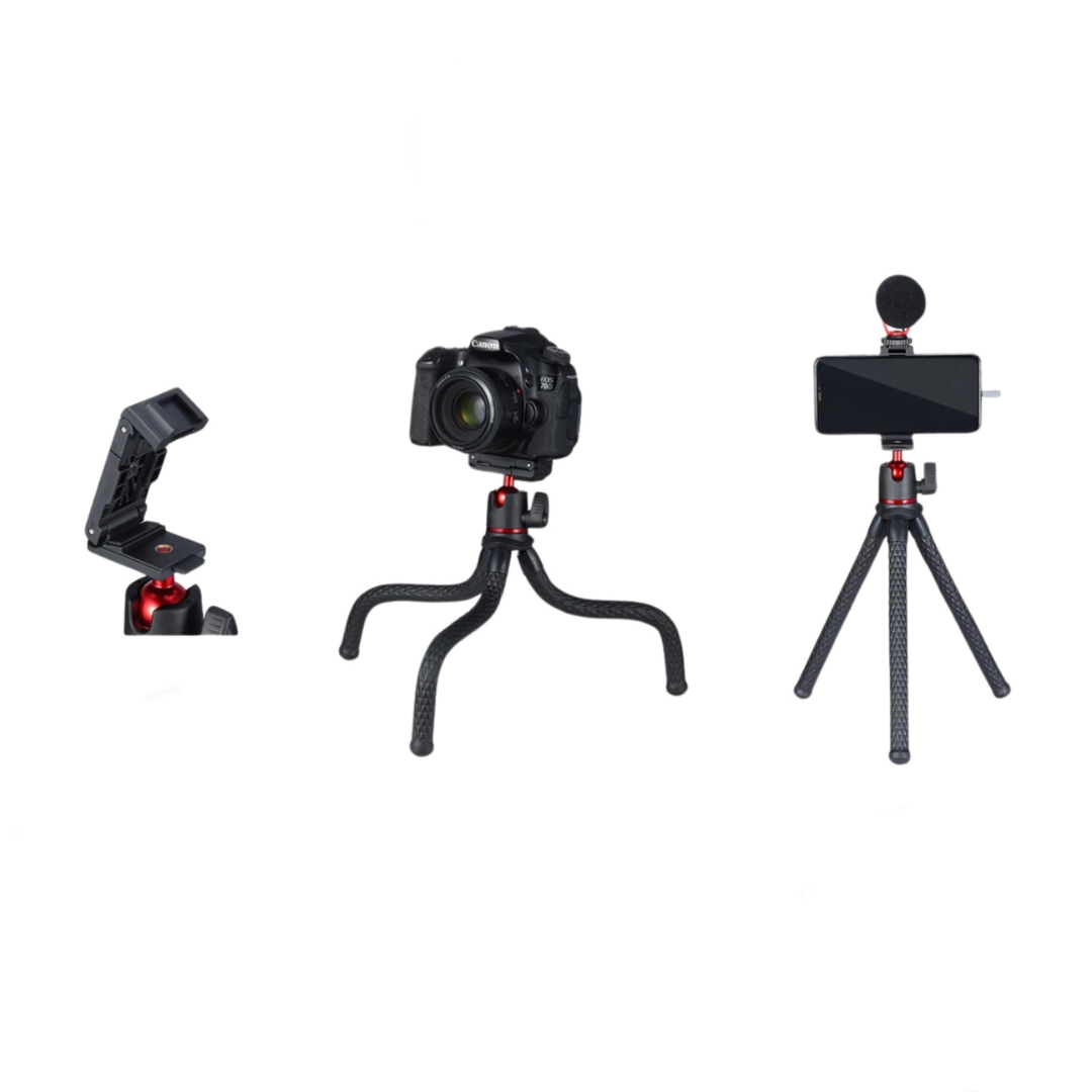 Flexible tripod stand for holding smartphones, cameras, microphones and lights.