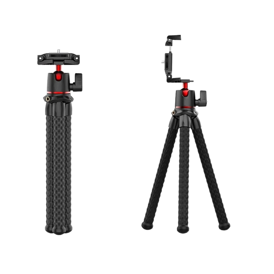 Adjustable tripod stand used in landscape or portrait mode.