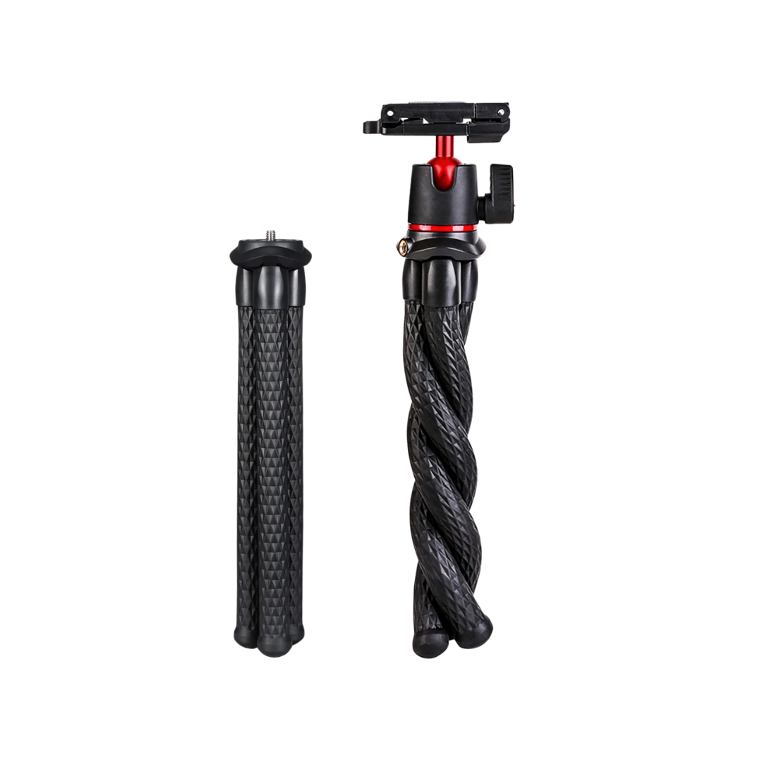 Flexible tripod stand for holding smartphones, cameras, microphones and lights.
